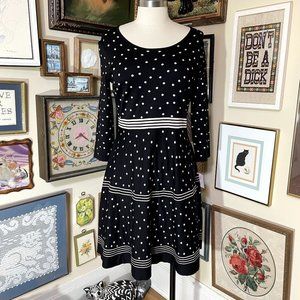NWT Liz Claiborne Black and Tan Polka Dot Stretch Knit Cropped Sleeve Midi Dress
